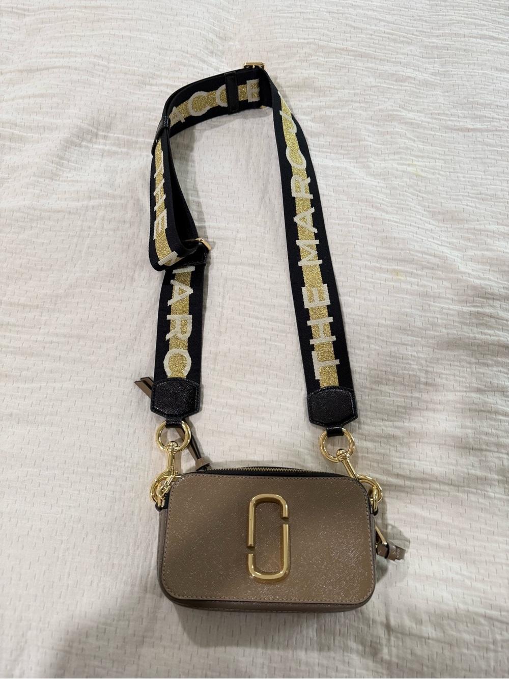 Marc Jacobs Taupe Crossbody Camera Bag with Branded Black Strap